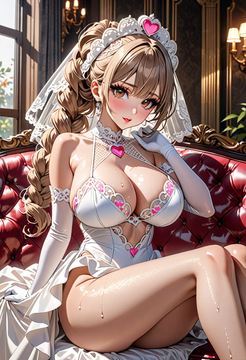 (((Highest quality, Ultra-high resolution、The most complex and detailed depiction)))、((masterpiece:1.3)), (8k, RAW Photos, Best image quality: 1.4), Very detailedな顔、Attention to detail、(Beautiful woman:1.4),(Realistic:1.4) (8k, RAW Photos,), (photo-Realistic:1.2), Very detailed, Beautiful attention to detail, (girl:1.3)、(((Bride in prom dress)))、(Embarrassing、He looks at me with a sad expression、(Ecstatic expression，blush))、(Dark eyeliner、Eyelash length、False eyelashes、double eyelid、Brown eyes:1.5)、Light fluorescent lip gloss, ((hostess:1.5))，(((pink heart print bikini、Red and white big heart pattern),(Pink tea bags)、(White wreath on head、Wedding Veil、Maria Bale))、Pink heart choker around the neck),(((open wedding dress)))、(((White Mesh Opera Gloves))),(Huge breasts:1.6),、(Cleavage:1.2)、(((Light brown hair、Braided hair、((Gather your hair at the back of your head，Put your hair up)))))、(Gal-style makeup、Dark eyeliner、Black eyeliner、Heavy eye makeup、Eyelash length、False eyelashes、Eyelash length:1.32)、elongated nose、Heavy makeup、(((whole body)))、Spread your legs座る、Spread your legs、sexy、Glamorous Body、(Saggy breasts、Large saggy breasts)、((Sweat、Your body is wet))、(((Sit with your legs spread apart on a luxurious sofa)),(Hold your knees and spread your legs)
