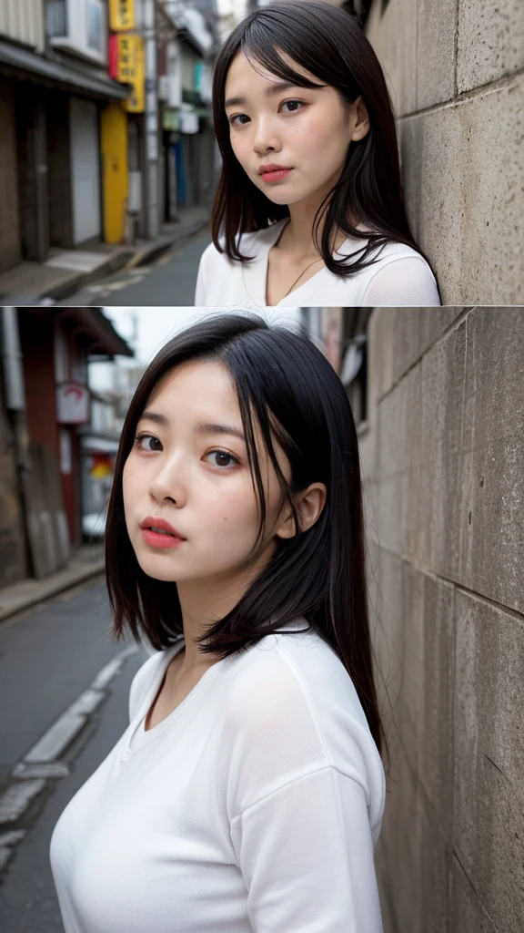 masterpiece, Highest quality, shape, Very detailed, Fine details, High resolution, 8k,wallpaper, Perfect dynamic composition,(High quality with attention to detail, Realistic depiction of eyes:1.3), (Japanese woman standing in a dirty alley At night, Put your hands on your head,), Black hair color, Big Natural Color Lip, Attractive face, Provocative look, Crying a little、Cold Stare, Japan's narrow and dirty back alleys、, At night, Full body photo、Focus on the crotch, Huge breasts naked Embarrassed laugh The lights in the building are out piece Nagoya (Small areola:1.5) (H cup breasts:1.5)