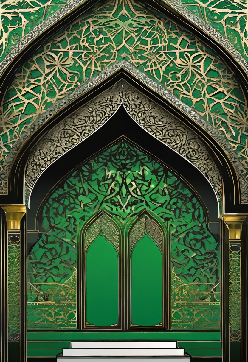 black and dark green islamic ornaments on the lecture building. vector style, manga style, digital art, by Marshall Arisman, cover illustration, 70mm, 7 0 mm, 70 mm, book cover illustration, by Brigette Barrager, album cover, novel cover art for a book, art concept for a book cover, cover art, 7 feet tall,