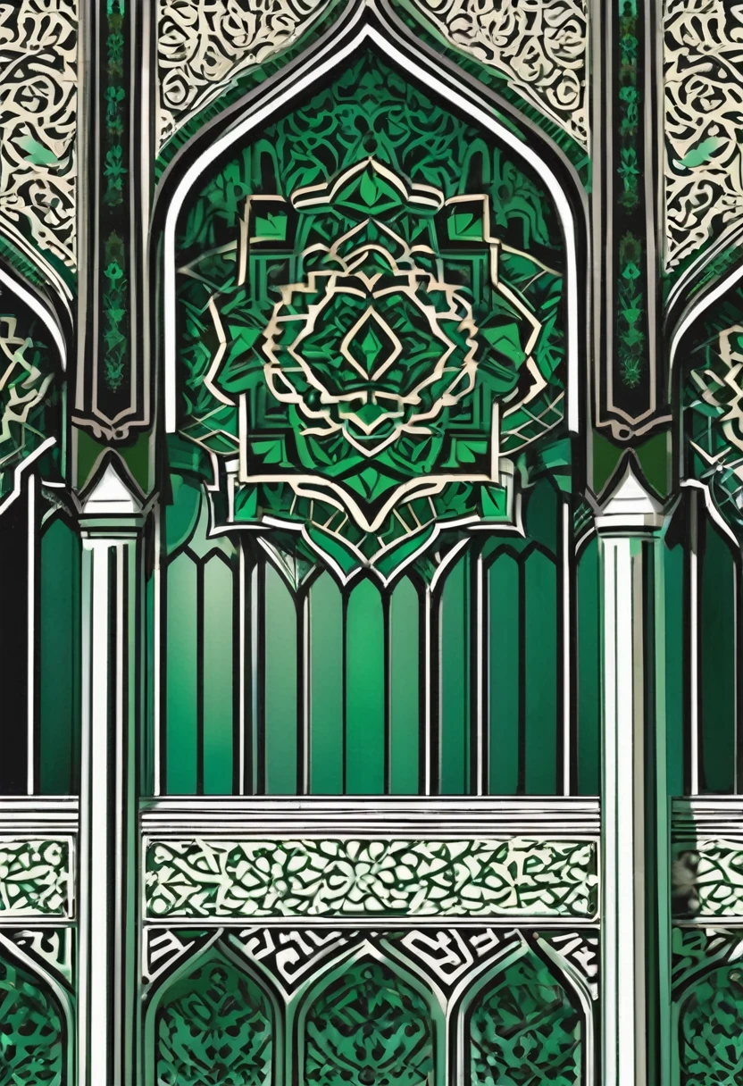black and dark green islamic ornaments on the lecture building. vector style, manga style, digital art, by Marshall Arisman, cover illustration, 70mm, 7 0 mm, 70 mm, book cover illustration, by Brigette Barrager, album cover, novel cover art for a book, art concept for a book cover, cover art, 7 feet tall,