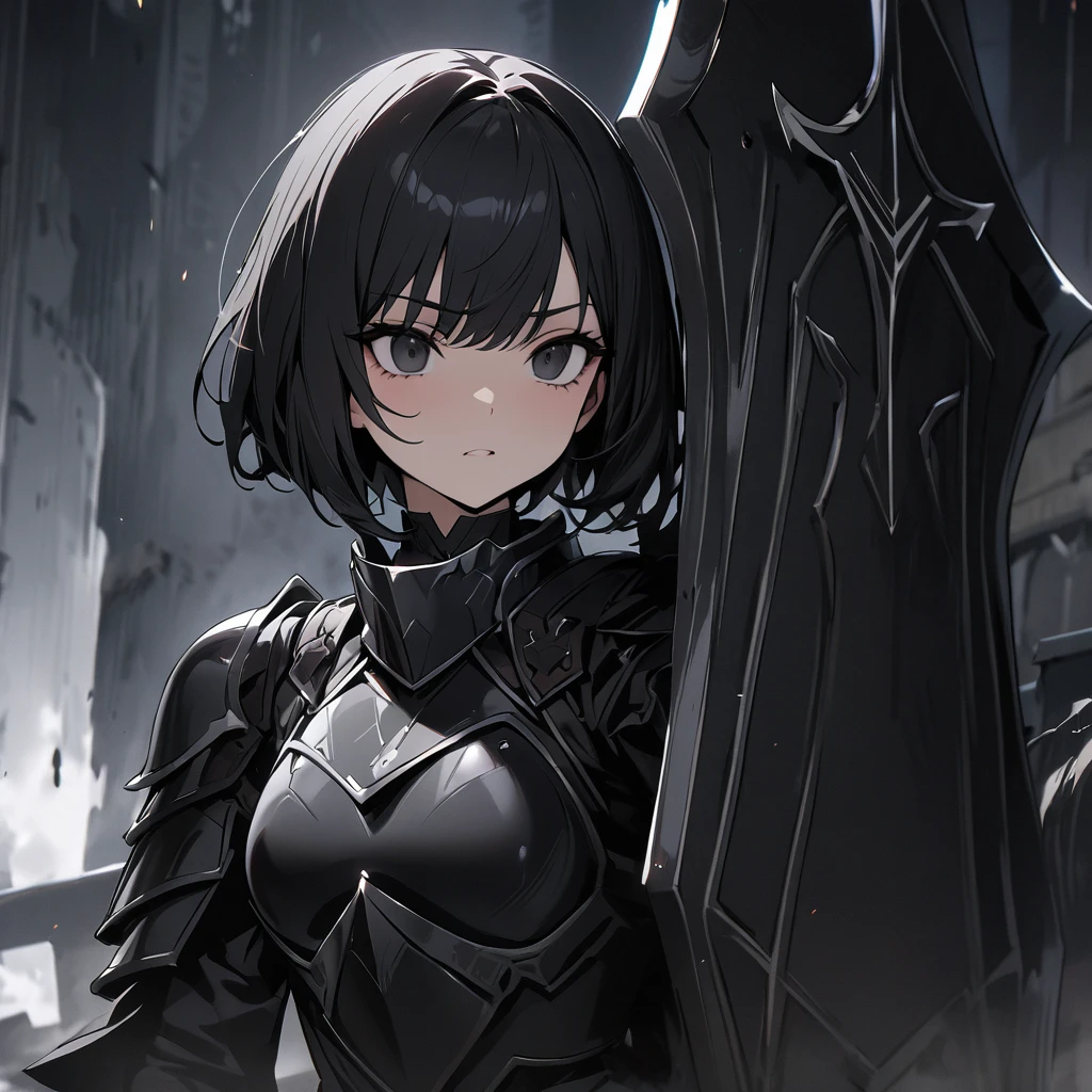 Top quality, masterpiece, high resolution, short bob black hair, black eyes, black silver protective armor, black red large shield, barrier of darkness