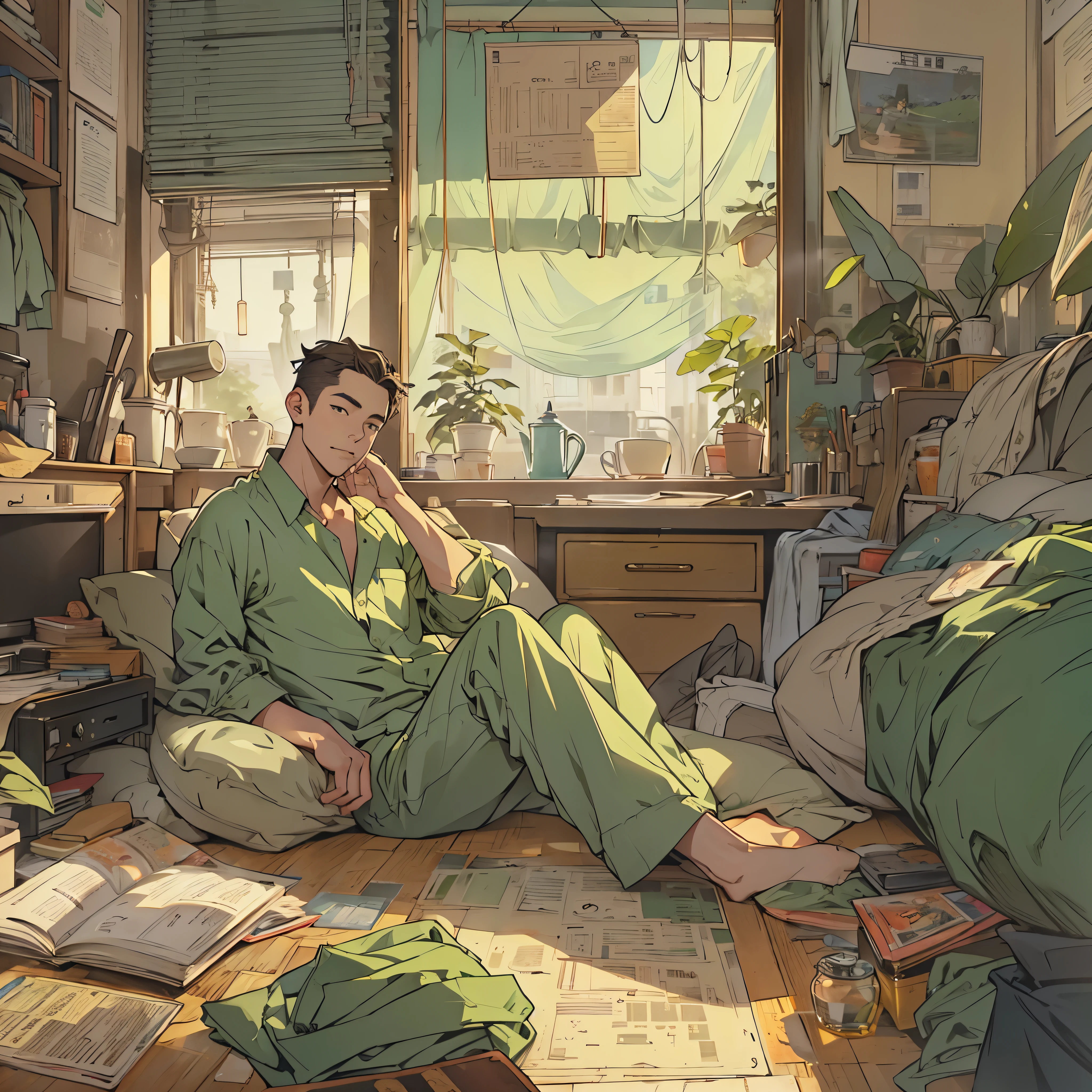 In the image of the proponent of MBTI、Create an image of a man wearing green clothes relaxing in his apartment.。