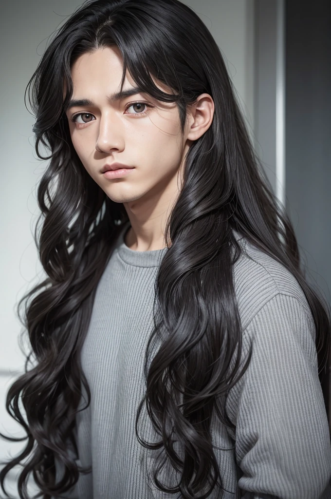 boy, long curly hair with eyes, gray skin, black stripes under the eyes, アニメ.