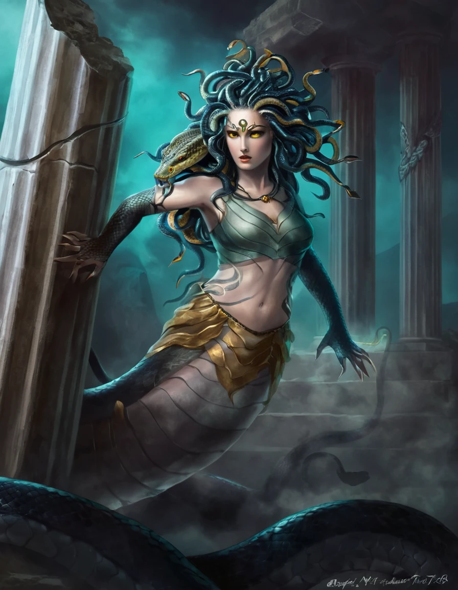 Medusa a woman In Greek mythology, Medusa, also called Gorgo,  a human female with living venomous snakes in place of hair, dark, moody, dark fantasy style