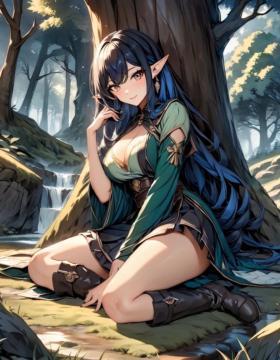 high quality, 4k, 8k, highres, HDR, UHD, masterpiece, ultra-detailed, a beautiful elf woman in a dark fantasy forest, sitting pose, legs toghether, creative angle, mature woman. short skirt, natural clothing, eld boots, extremely detailed face, medium long flowing hair, natural looking hair, rendered hair, dark blue hair, curious expression, sitting under a large tree, anime style, highly detailed, 8k, fantasy art, magical atmosphere, mossy ground, dark setting, demonic forest, dark eyes, rendered eyes, special eyes, pointed ears, detailed dress, intricate details, fantasy landscape, simple background