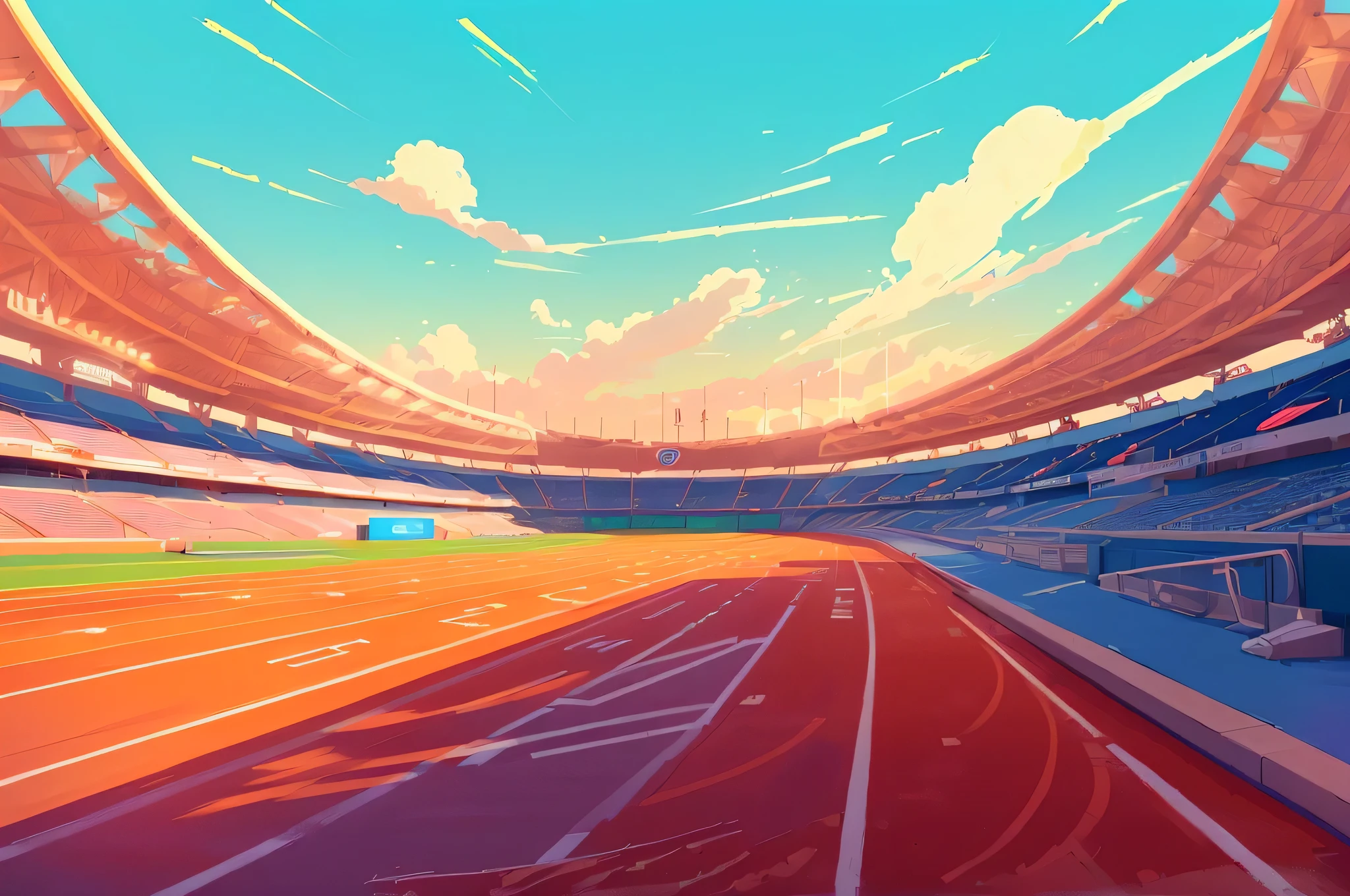 illustration of a stadium with a running track and a sky background, stadium landscape, Futuristic sports arena, Juster Battle, Flat illustration, Arena Background, stadium setting, detailed 2d illustration, Nice illustration, background technology, anime background technology, Distance 1 0 0 meters, race track background, art deco stadium, baseball stadium, stadium, soccer stadium