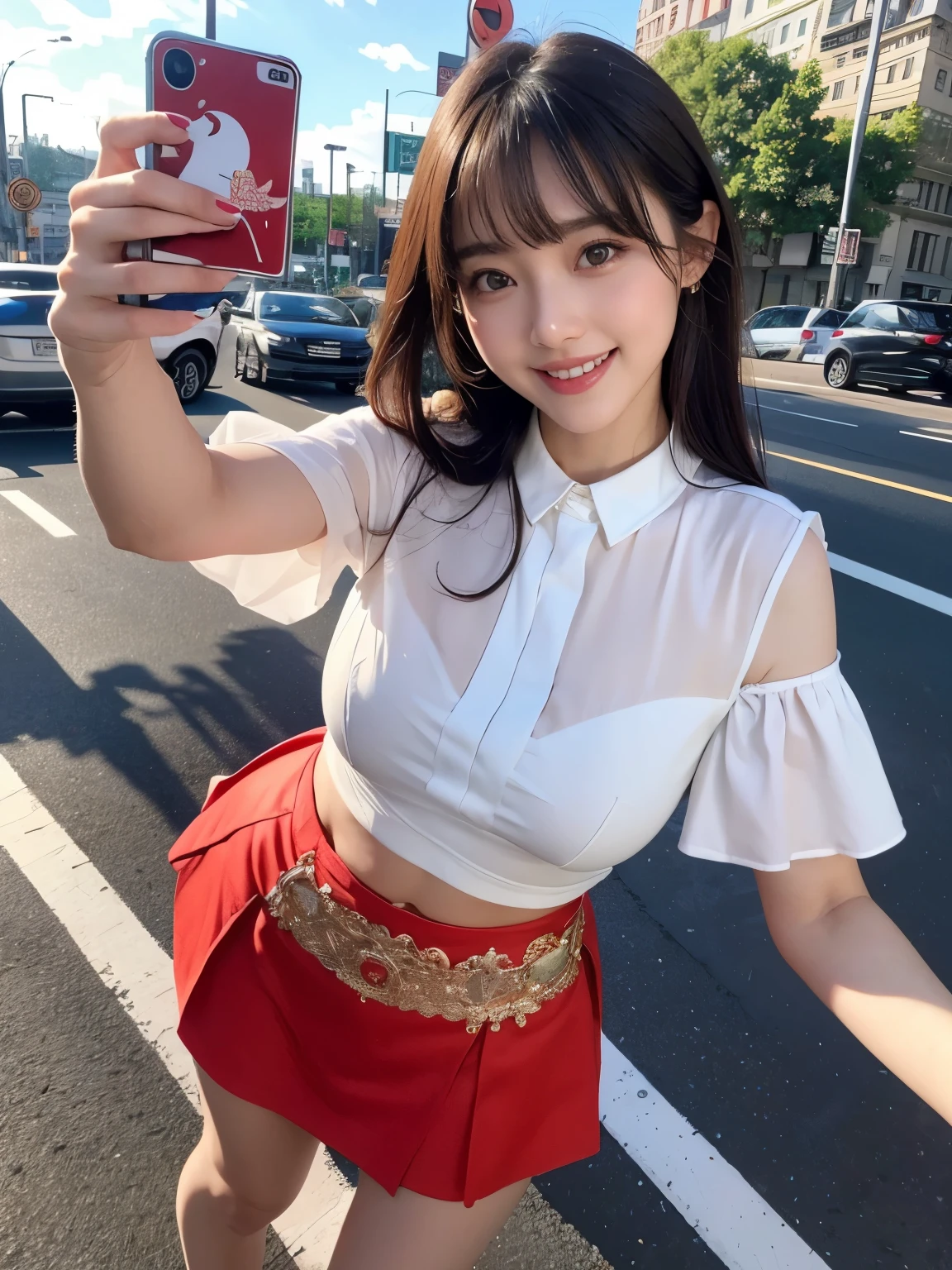 masterpiece , Highest quality , Very detailed , 8k , Cute Woman , Selfie、One girl , blouse , bangs , smile , White teeth , Symmetrical eyes, 半袖blouse、mini skirt、Red Heels、Summer daytime、Waiting at a traffic light at an intersection、