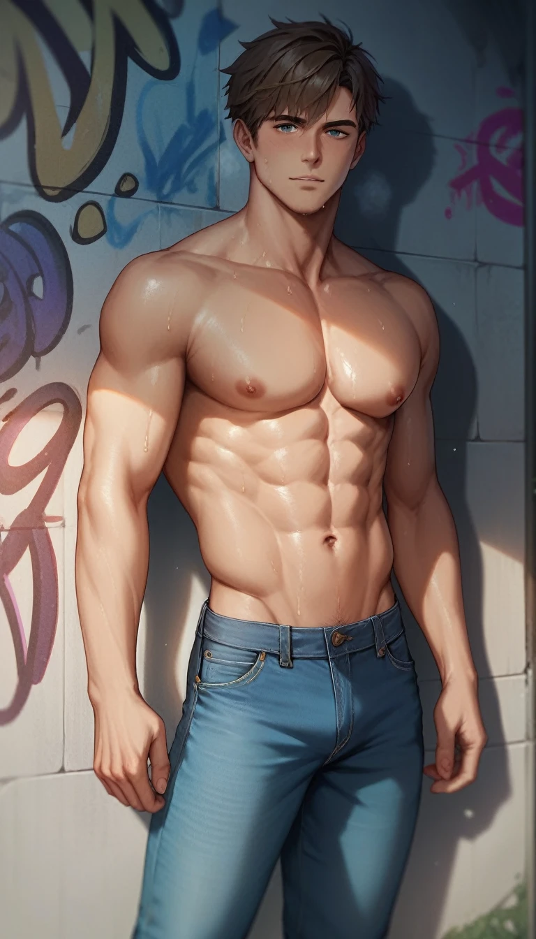 best quality, masterpiece, artistic graffiti on the wall, handsome man with medium length curtain bangs, topless, wearing low rise baggy jeans, sweaty body, cinematic lighting, extremely dramatic shadows, perfection, no watermark, no logo, no signature