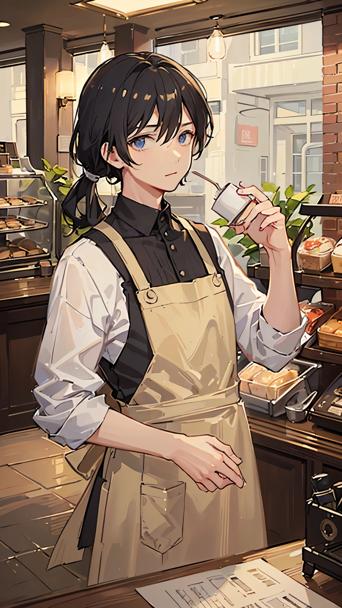 (Highest quality)), ((masterpiece)), (detailed),The background is Cafe、Holding a cup in his hand、Coffee shop manager、A man around 35 years old、A man with waist-length black hair tied back、Wearing a white shirt、Wearing a brown apron,Eye color is a calm blue、Location: Inside a stylish cafe。