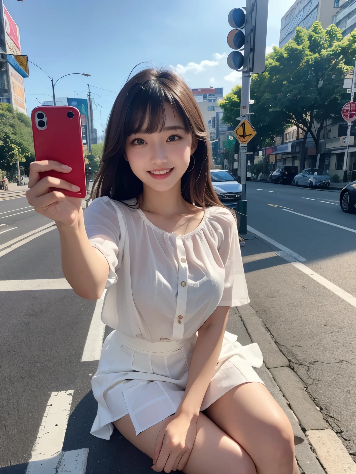 masterpiece , Highest quality , Very detailed , 8k , Cute Woman , Selfie、One girl , blouse , bangs , smile , White teeth , Symmetrical eyes, 半袖blouse、mini skirt、Red Heels、Summer daytime、Waiting at a traffic light at an intersection、