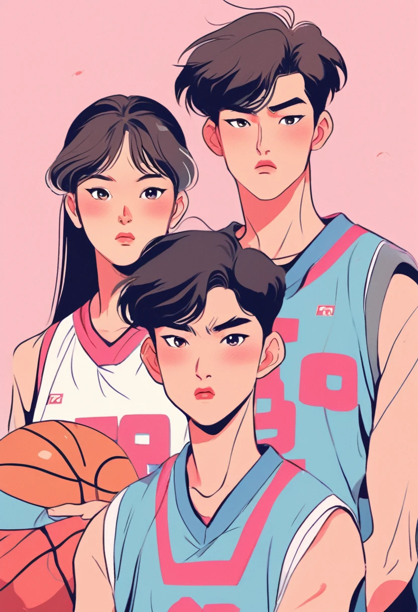 An idol korean teenage couple wearing basketball jerseys, angry faces, soft pastel colored background, vector style, manga style, digital art, by Marshall Arisman, cover illustration, 70mm, 7 0 mm, 70 mm, book cover illustration, by Brigette Barrager, album cover, novel cover art for a book, art concept for a book cover, cover art, 7 feet tall,