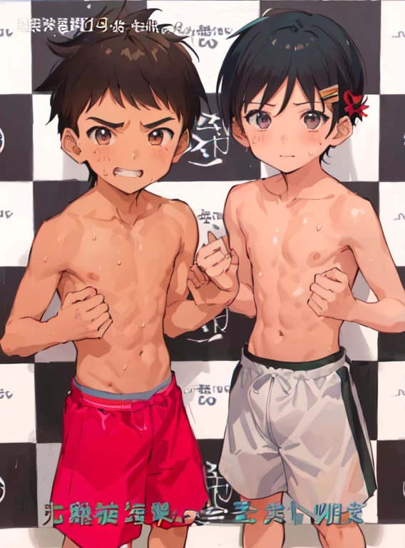 Anime boy and girl posing for photo without shirt,From yowamushi pickup,  Characters, muscular!, Masahiro Asano, Inspired by comics, Anime Cover, Naked Boy, author：Okada Kitazo, Boxing Stance，belly button，Sweat，Toilet