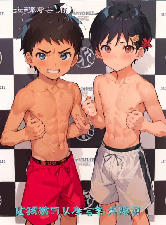 Anime boy and girl posing for photo without shirt,From yowamushi pickup, Characters, muscular!, Masahiro Asano, Inspired by comics, Anime Cover, Naked Boy, author:Okada Kitazo, Boxing Stance,belly button,Sweat,Toilet