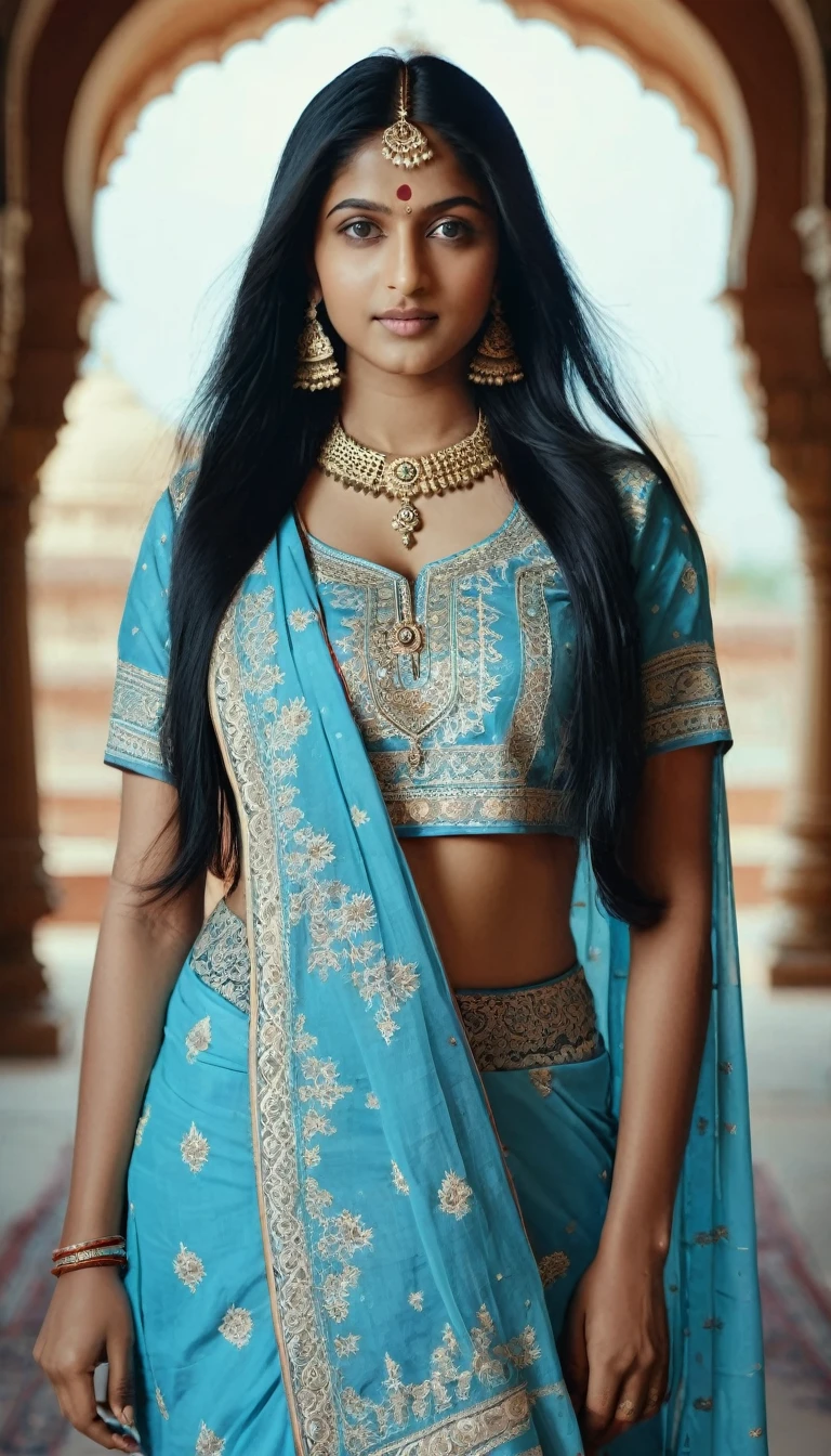 a young beautiful indian woman, looking directly at camera, long straight black hair, light blue eyes, curvy figure, wearing traditional indian clothing, intricate detailed patterns, photorealistic, 4k, high quality, cinematic lighting, masterpiece