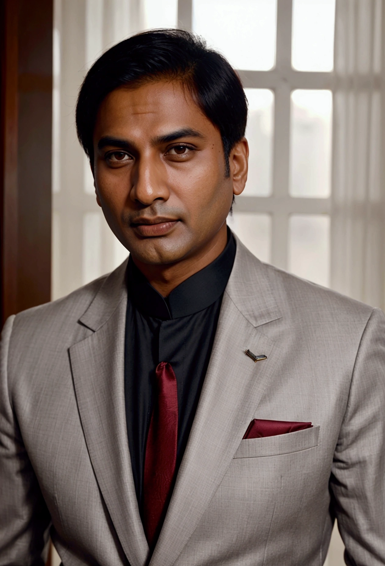 Generate me a handsome Indian businessman gossip in portrait looking directly at the camera