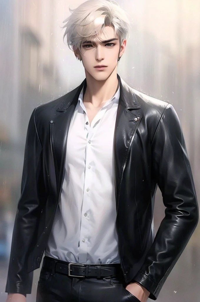 at office,wearing black leather jacket,two block haircut, Attractive man,Live-action photo,Handsome and sunny,(SLR effect,Reality,8K,Hyper-detailing,Absolute realism)