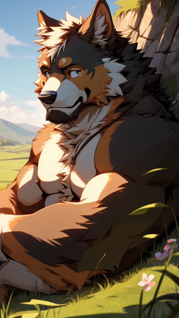 (masterpiece),Bernese Mountain Dog,Topless,black eyes,Smile,hairy,8K,wallpaper,Detailed background,Very detailed body,Eye details,Paw pad details,Lifelike,