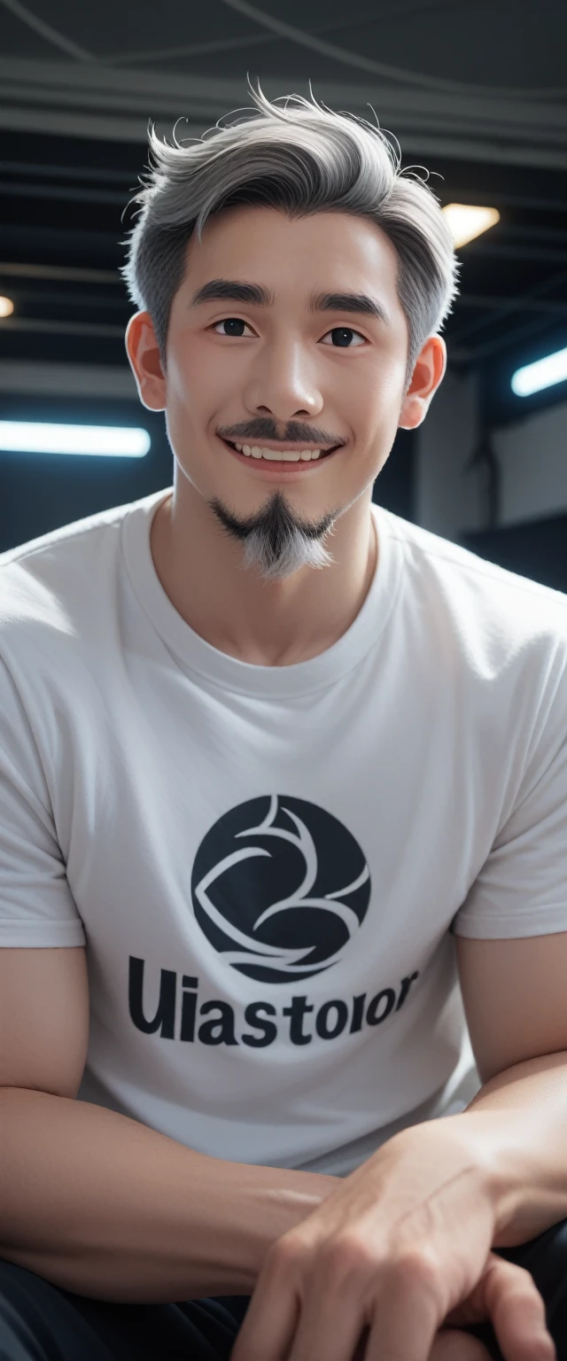 (masterpiece, best quality), (Complex lighting), 1 boy, Solitary, Wukong , black eyes, Smile, Sit in front and play games, background in the esports room,(Sulfur storage),(Goatee and gray hair),