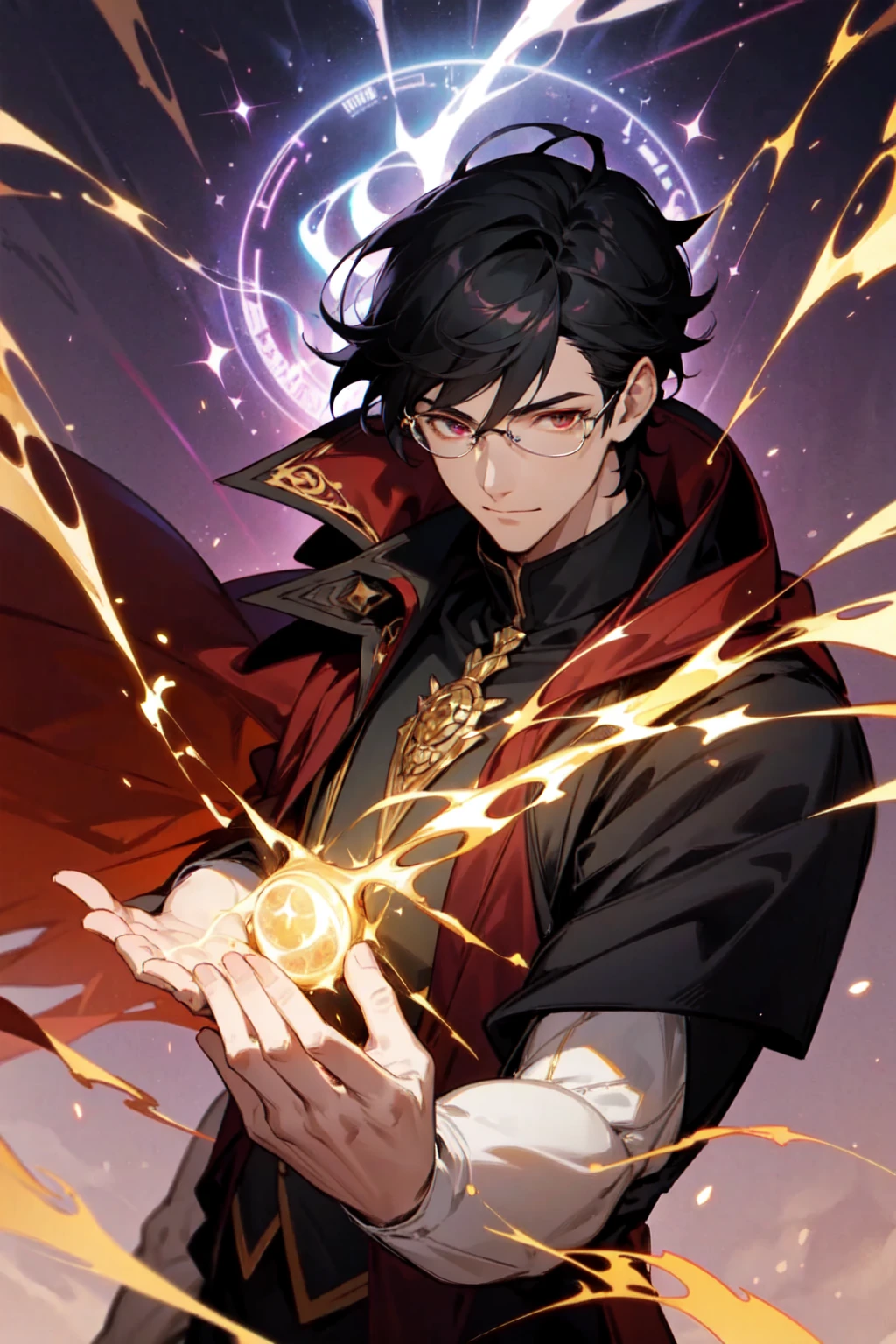 masterpiece, best quality, 1 male, young, tall muscular, handsome, finely detailed eyes, intricate details, black hair, short hair, smile, solo, upper body, detailed background, detailed face, good sorcerer, color magical robes, determined expression, white color scheme, dark crimson light, glowing magical runes, realistic lighting, floating particles, sparks, surrounded by gold lightning red arcane symbols, corrupted by eldritch power, bloom, glasses, Red eyes
