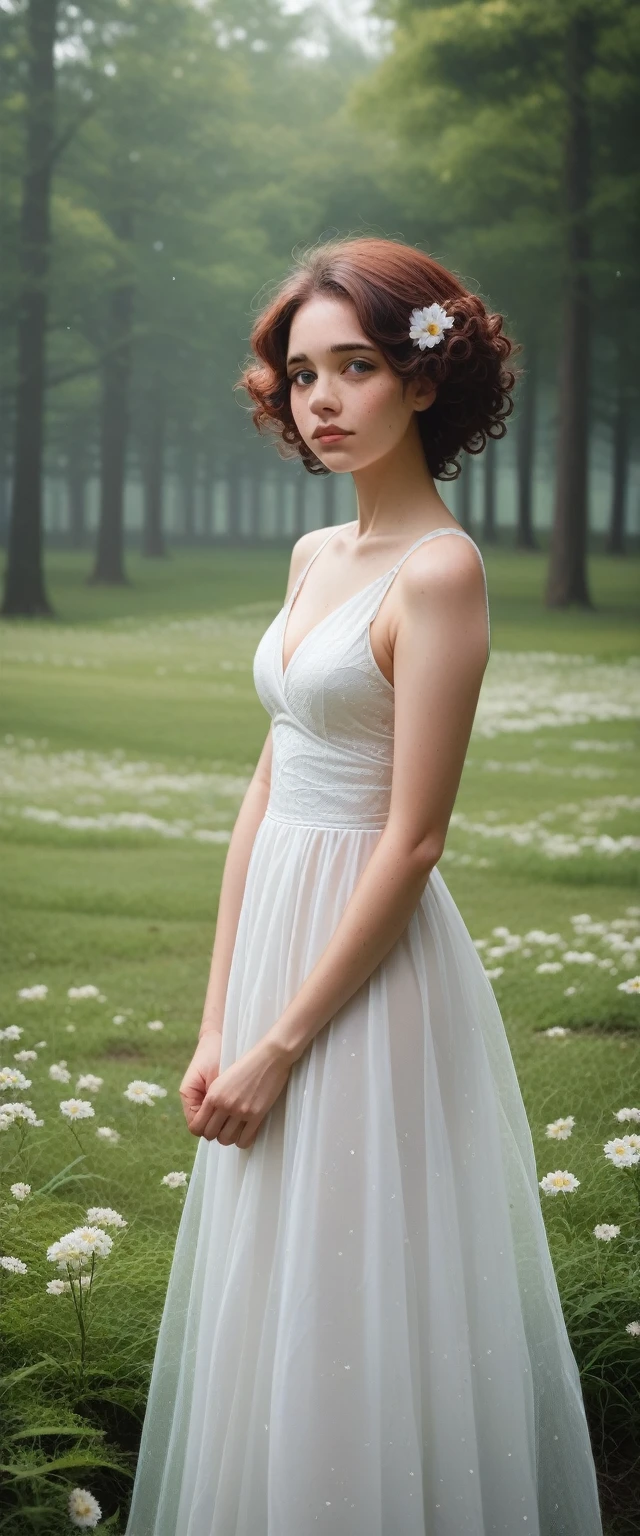 Lovely woman under drizzle, (elegant, Pretty Face), Transparent white dress, Forest moss, (freckle:0.8), Flower field, , Red curly hair, Magical atmosphere, (short hair), ((Delicate skin, Texture)), Ultra Detailed, (Complex details, Fine details, Ultra Detailed), Ray Tracing, Subsurface scattering, (Fantasy underworld background), Diffuse soft light, Shallow depth of field, go through (Oliver Waite), Clear focus bokeh, (Realistic photo quality:1.4)