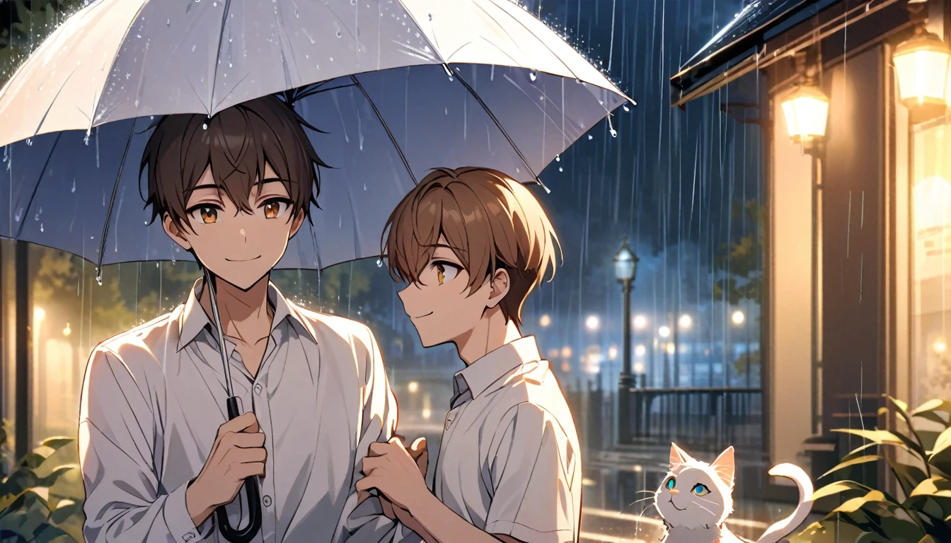 young man,single,short brown hair,The eyes shine brightly.,white shirt,smile,Hand holding a white cat,Umbrella open, rain falling,night,park