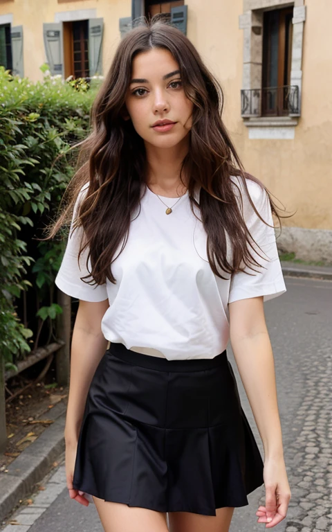 1 woman, Long wavy hair, dark brown eyes, nature, high, short skirt, the street, fond italien dans the street 