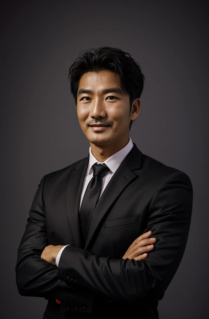 Frontal view , Portrait of man in black suit smiling , coral background editorial style highdefinition ultrarealistic details in the style of portrait photography
