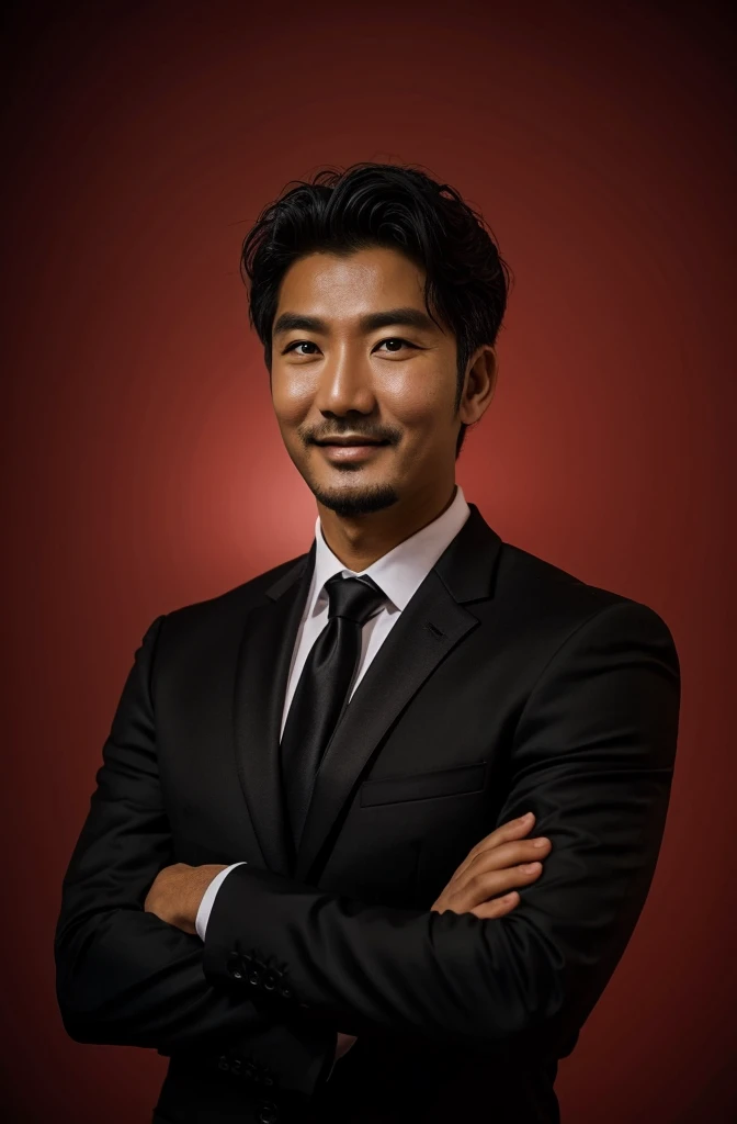 Frontal view , Portrait of man in black suit smiling , coral background editorial style highdefinition ultrarealistic details in the style of portrait photography