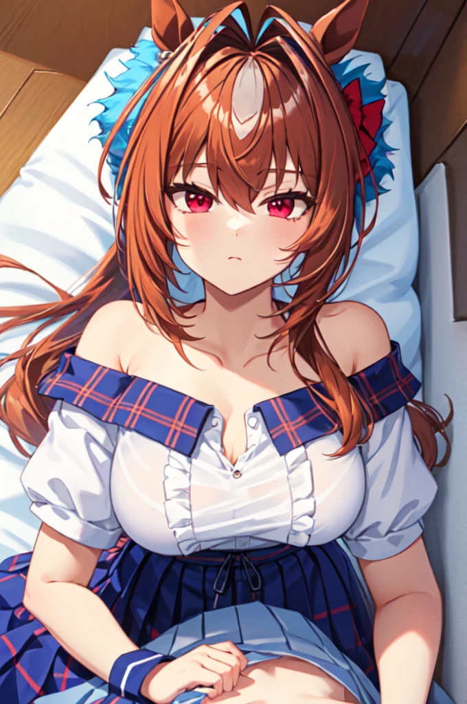 masterpiece, best quality, best aesthetic, ultra-detailed, pov, female pov, FPOV, daiwa scarlet \(umamusume\), puffy short sleeves, bare shoulders, off-shoulder shirt, collarbone, white shirt, frills, blue skirt, plaid skirt, pleated skirt, cowgirl position, from above,