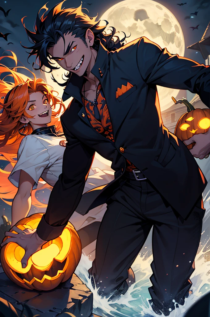 High school werewolf young boy, smiling with fangs, orange glowing eyes, long curl single tied hair, pumpkin spirit, magic werewolf and warlock hybrid, midnight blue, floating pumpkin