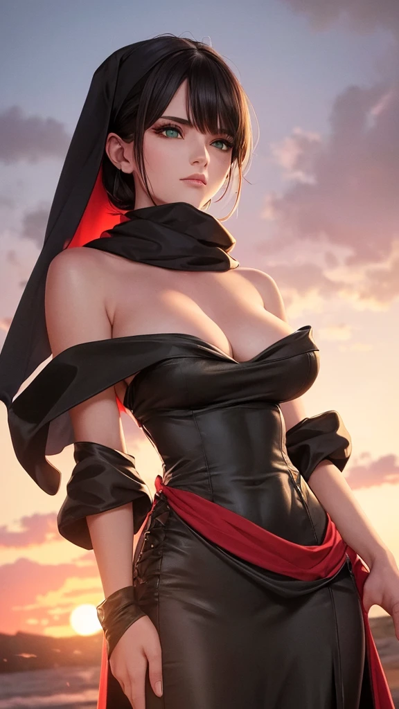 medieval setting, full view of body, 1 skinny female with large breast, beatiful smokey green eyes, black hair pinned up, elegant off-shoulder strapless midi dress, red scarf around her neck, eerie sunset