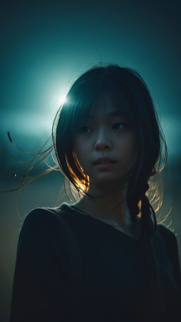 1 girl, detailed face, Ruined Tokyo, A dreamy dark day, foggy atmosphere, Faint accent lights, masterpiece, best quality, ultra detailed, photorealistic, raw photo