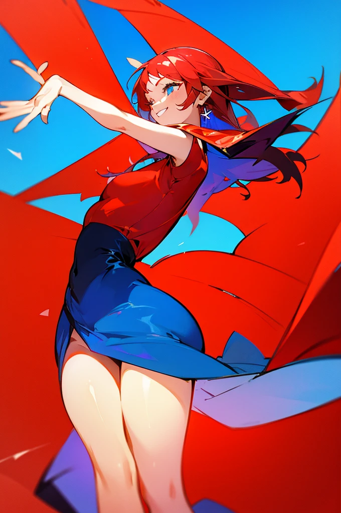 Beautiful young girl in red dress on blue background, girl dancing, her hands move upwards , she smiles and laughs, 