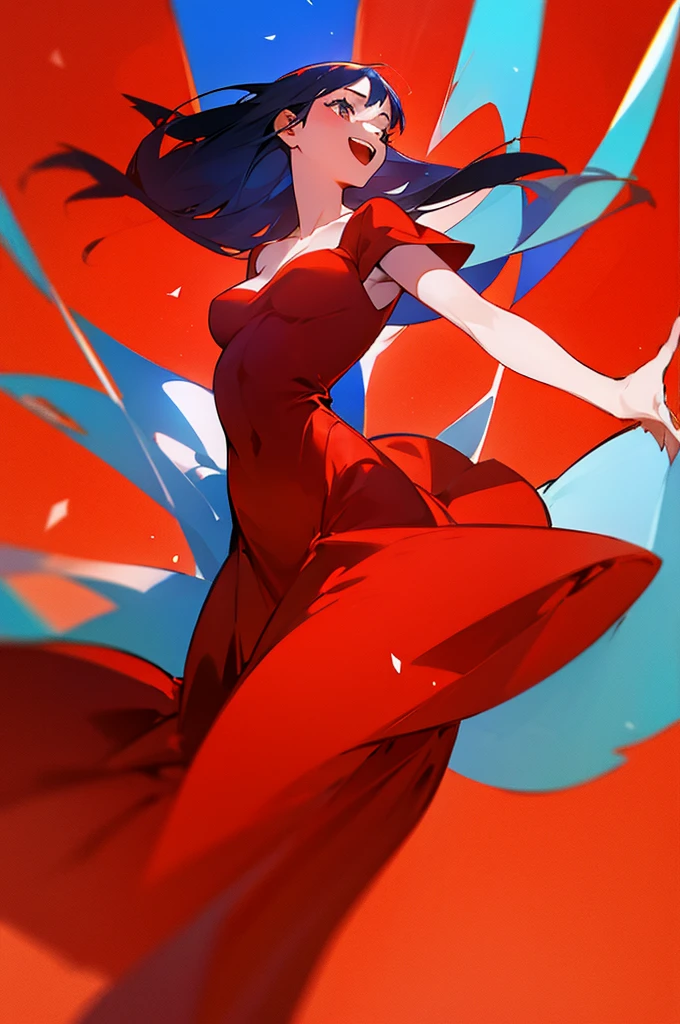 Beautiful young girl in red dress on blue background, girl dancing, her hands move upwards , she smiles and laughs,