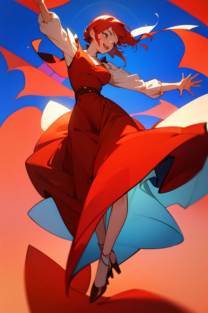 Beautiful young girl in red dress on blue background, girl dancing, her hands move upwards , she smiles and laughs,