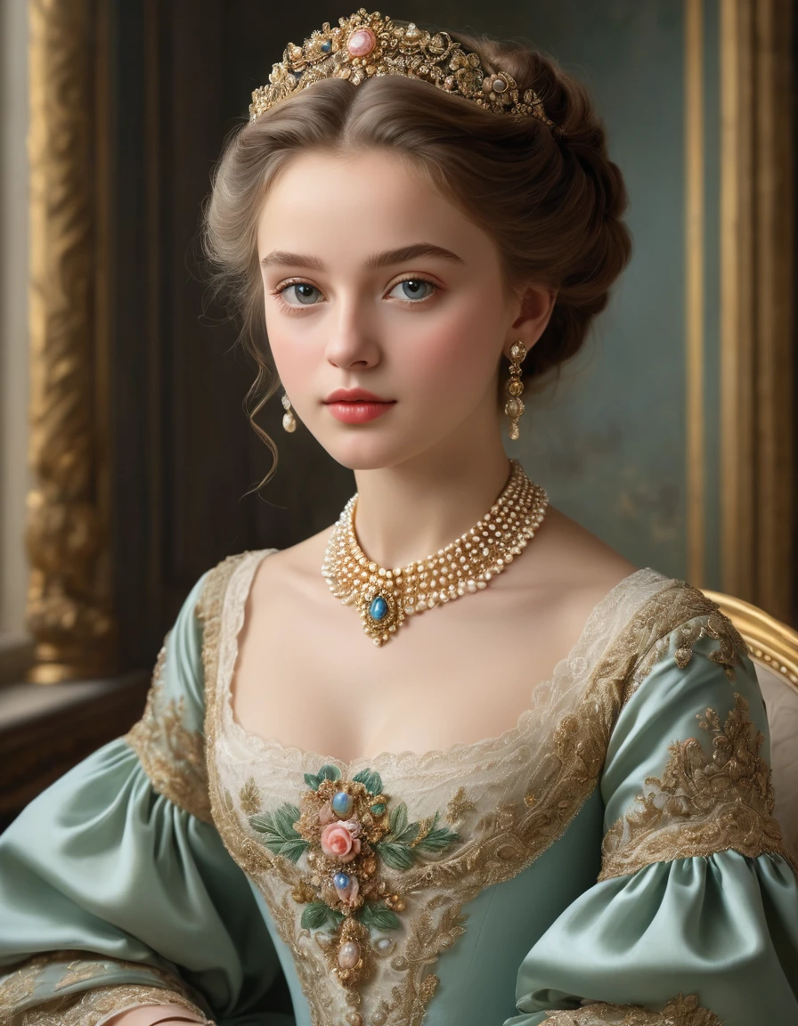 (best quality,4k,8k,highres,masterpiece:1.2),ultra-detailed,(realistic,photorealistic,photo-realistic:1.37),portrait,painting,pastels,personalized masterpiece,18th century,Russian,aristocratic,girl,noble daughter,,extremely beautiful,face,expressive eyes,delicate nose,luscious lips,porcelain skin,rosy cheeks,flowing curls,silky dress,stately posture,fine jewelry,embroidered lace collar,grand background,opulent interior,faint golden light