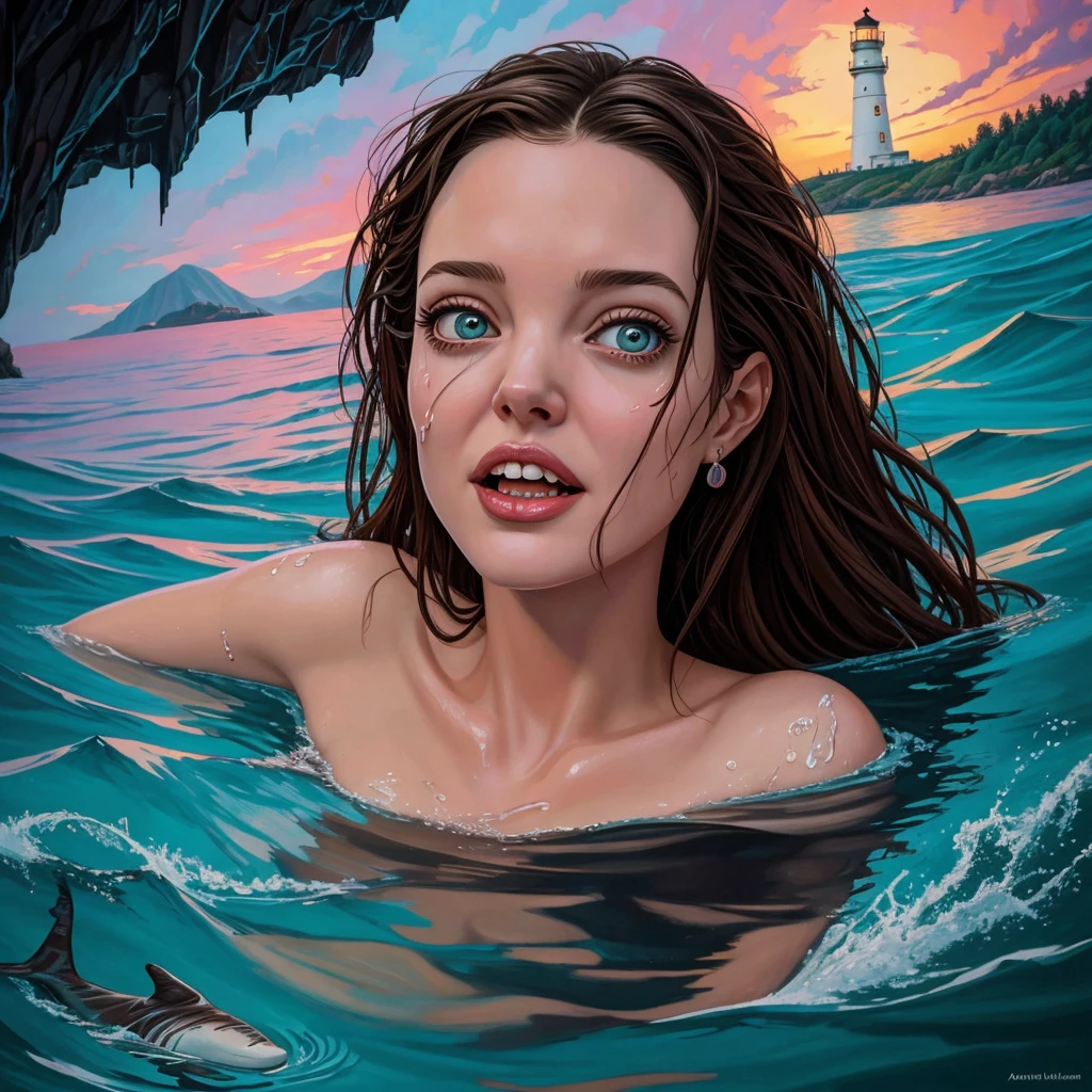 oil painting of a woman with face of Winona Ryder morphed with Angelina Jolie laughing while laying back on the calm water, mouth full of water, puffed out cheeks, tears of joy, gigantic breast pointing up sticking from the water surface like two islands, shark finn, lighthouse in the background, shamanic horror lsd art, psychedelic cosmic horror, psychedelic surreal art, anya_taylor-joy, surreal painting, horror surreal art, hallucinatory art, trippy art, surreal concept art, casey weldon, scary color art in 4k
