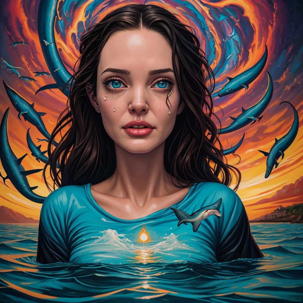 oil painting of a woman with face of Winona Ryder morphed with Angelina Jolie laughing while laying back on the calm water, mouth full of water, puffed out cheeks, tears of joy, gigantic breast pointing up sticking from the water surface like two islands, shark finn, lighthouse in the background, shamanic horror lsd art, psychedelic cosmic horror, psychedelic surreal art, anya_taylor-joy, surreal painting, horror surreal art, hallucinatory art, trippy art, surreal concept art, casey weldon, scary color art in 4k