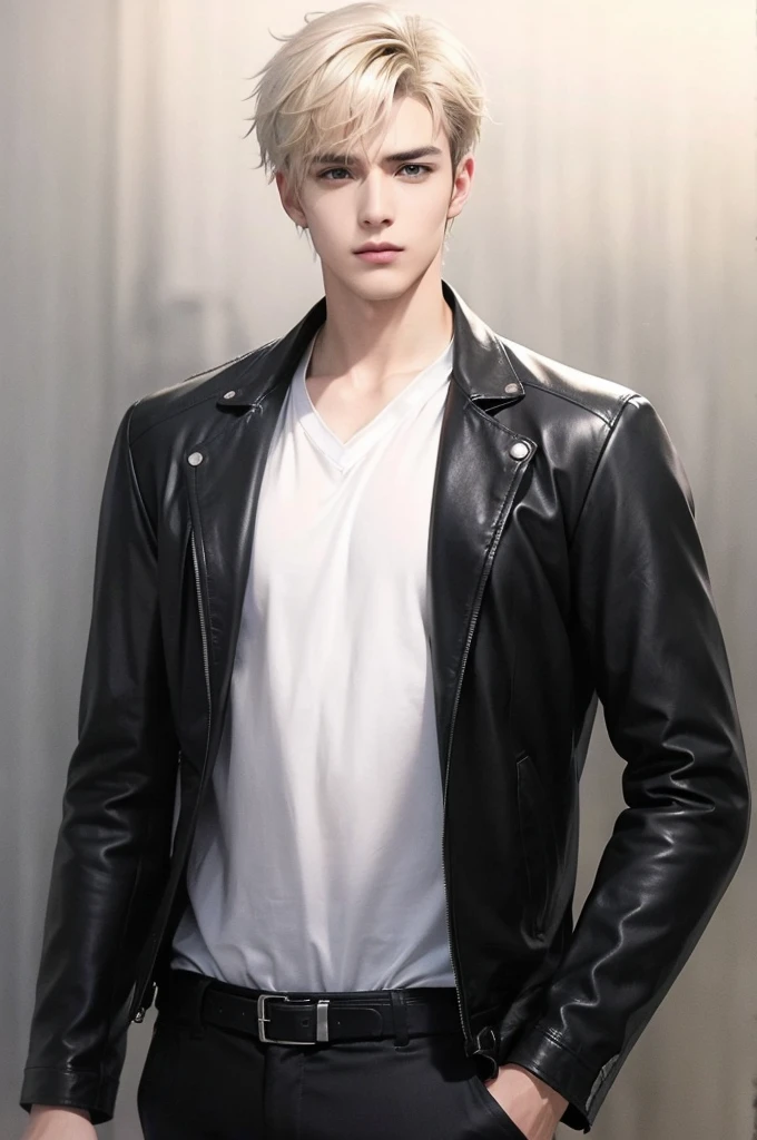 at office，wearing black leather jacket，two block haircut, Attractive man，Live-action photo，Handsome and sunny，（SLR effect，Reality，8K，Hyper-detailing，Absolute realism）