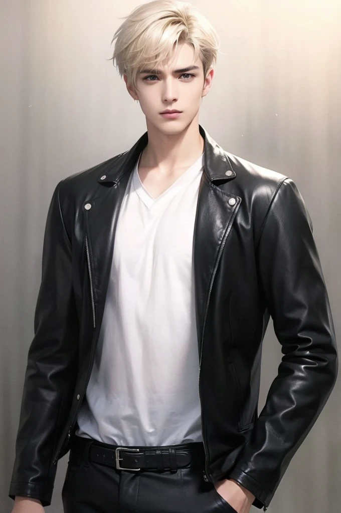 at office,wearing black leather jacket,two block haircut, Attractive man,Live-action photo,Handsome and sunny,(SLR effect,Reality,8K,Hyper-detailing,Absolute realism)