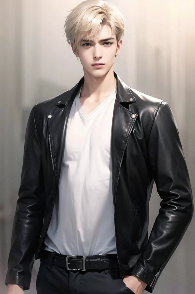 at office,wearing black leather jacket,two block haircut, Attractive man,Live-action photo,Handsome and sunny,(SLR effect,Reality,8K,Hyper-detailing,Absolute realism)