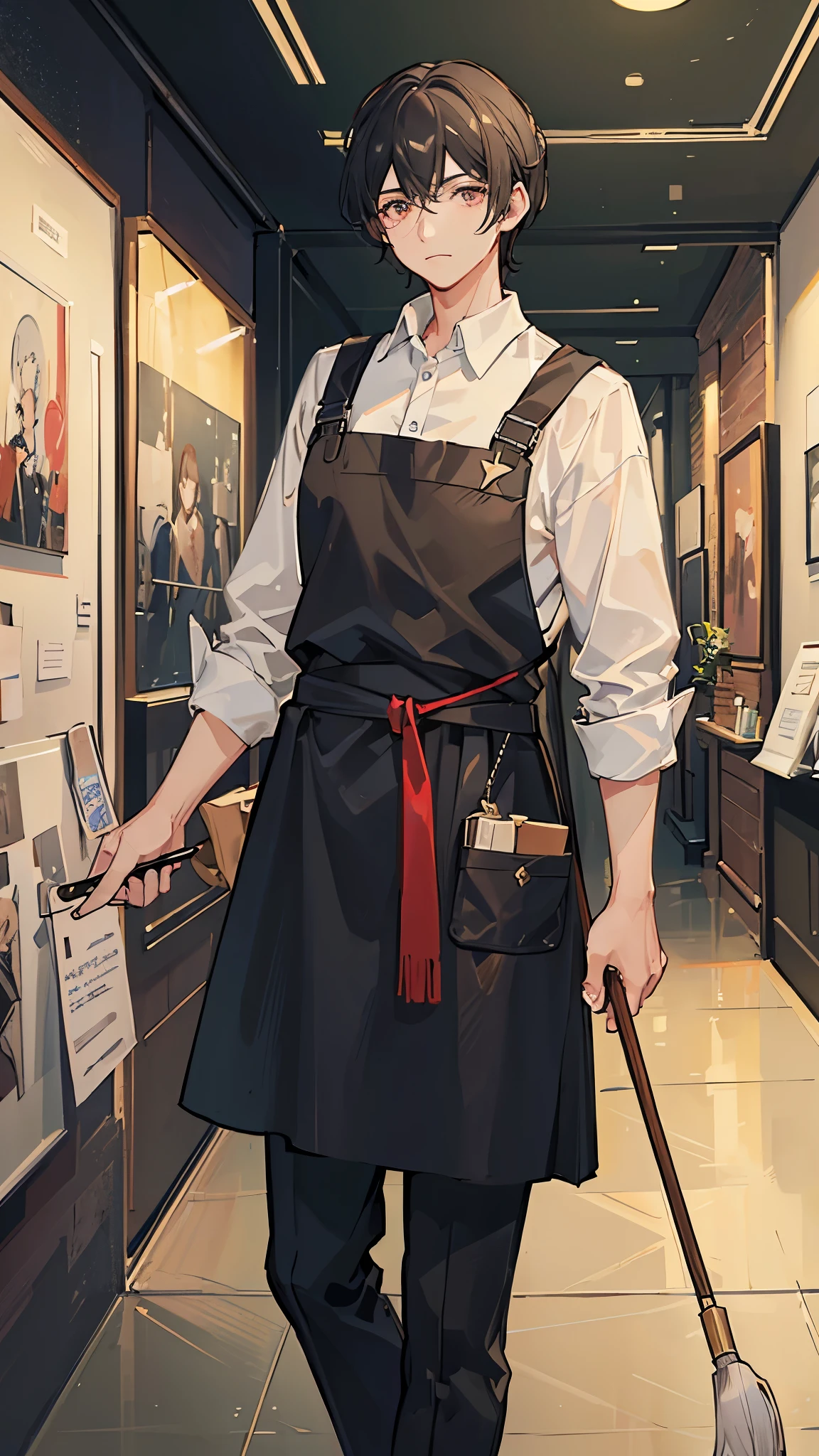 (Highest quality)), ((masterpiece)), (detailed),Background is an art gallery、I have a brush in my hand、painter、A man around 35 years old、A man with waist-length black hair tied back、Wearing a white shirt、Wearing a brown apron,Eye color is a calm blue、Where to go: Stylish museum。