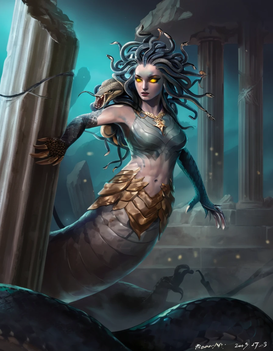Medusa a woman In Greek mythology, Medusa, also called Gorgo, a human female with living venomous snakes in place of hair, dark, moody, dark fantasy style