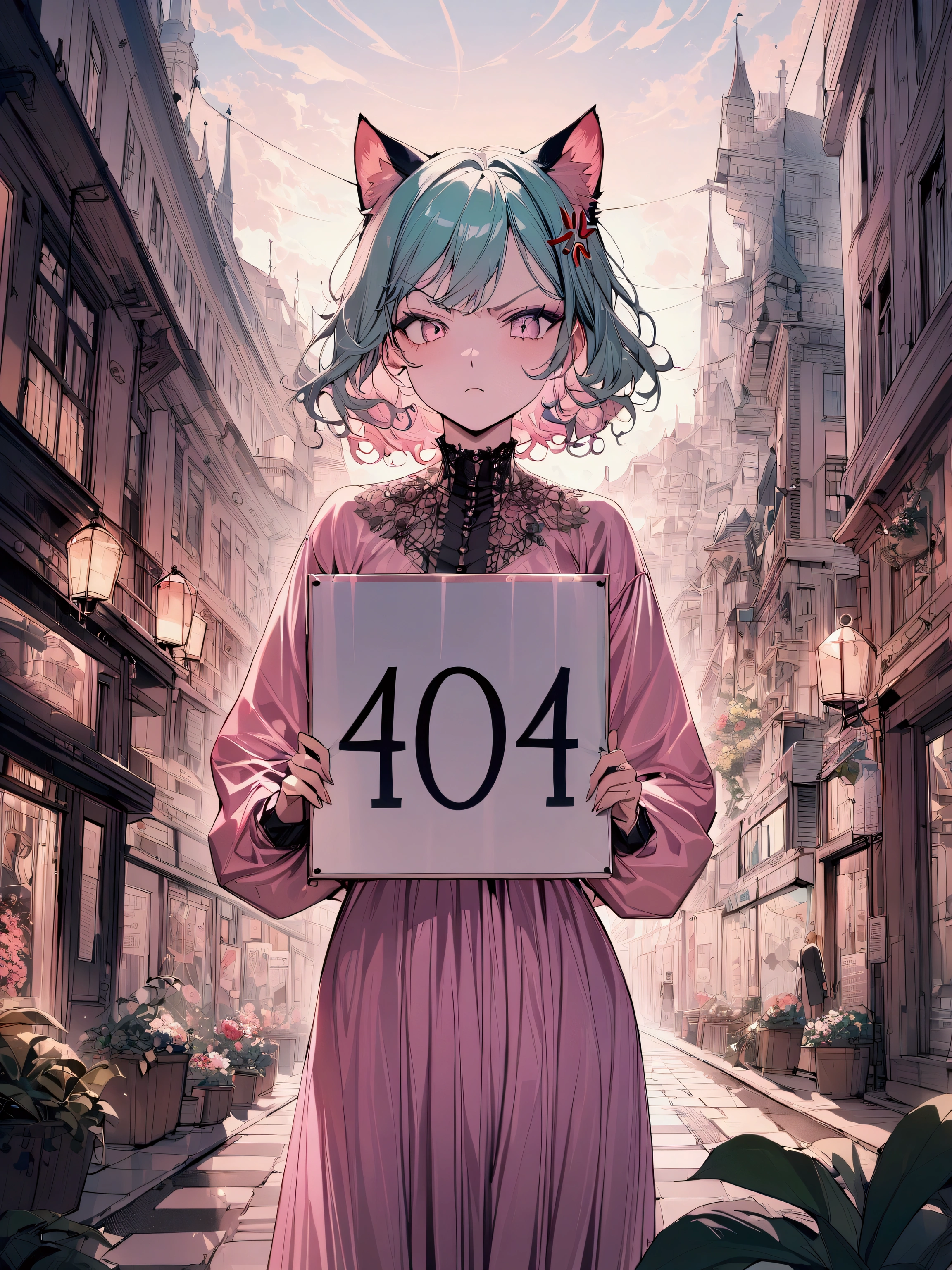 1girl, angry, cat ears, holding sign, with text "404"
