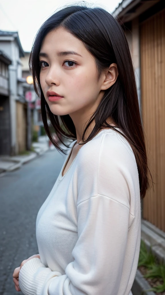 masterpiece, Highest quality, shape, Very detailed, Fine details, High resolution, 8k,wallpaper, Perfect dynamic composition,(High quality with attention to detail, Realistic depiction of eyes:1.3),  (Japanese woman standing in a dirty alley At night, Put your hands on your head,), Black hair color, Big Natural Color Lip,  Attractive face, Provocative look, Crying a little、Cold Stare, Japan&#39;s narrow and dirty back alleys、, At night, Full body photo、Focus on the crotch, Huge breasts　naked　Embarrassed laugh　The lights in the building are out　piece　Nagoya　Small areola　H cup breasts