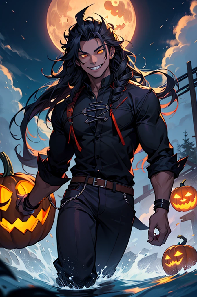 High school werewolf young boy, smiling with fangs, orange glowing eyes, long curl single tied hair, pumpkin spirit, magic werewolf and warlock hybrid, midnight blue, floating pumpkin