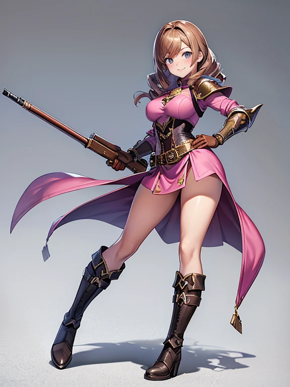 Imagine perfect image the most beautiful girl in ((full body)), solo, ((standing)), ((legs apart)), rifle, rifle, breast hanging, cheek pads, tender smile, sharp teeth, fangs, mischievous look, medium breasts, long brown hair, drill hair, blue almond eyes and wearing a ((short pink dress)), mini skirt, upskirt, mini panties, leather corset, leather armor, breastplate leather, high heeled leather boots, leather gloves, in an rpg style, inspired by genshin impact. With great 4k quality, well detailed, simple white background