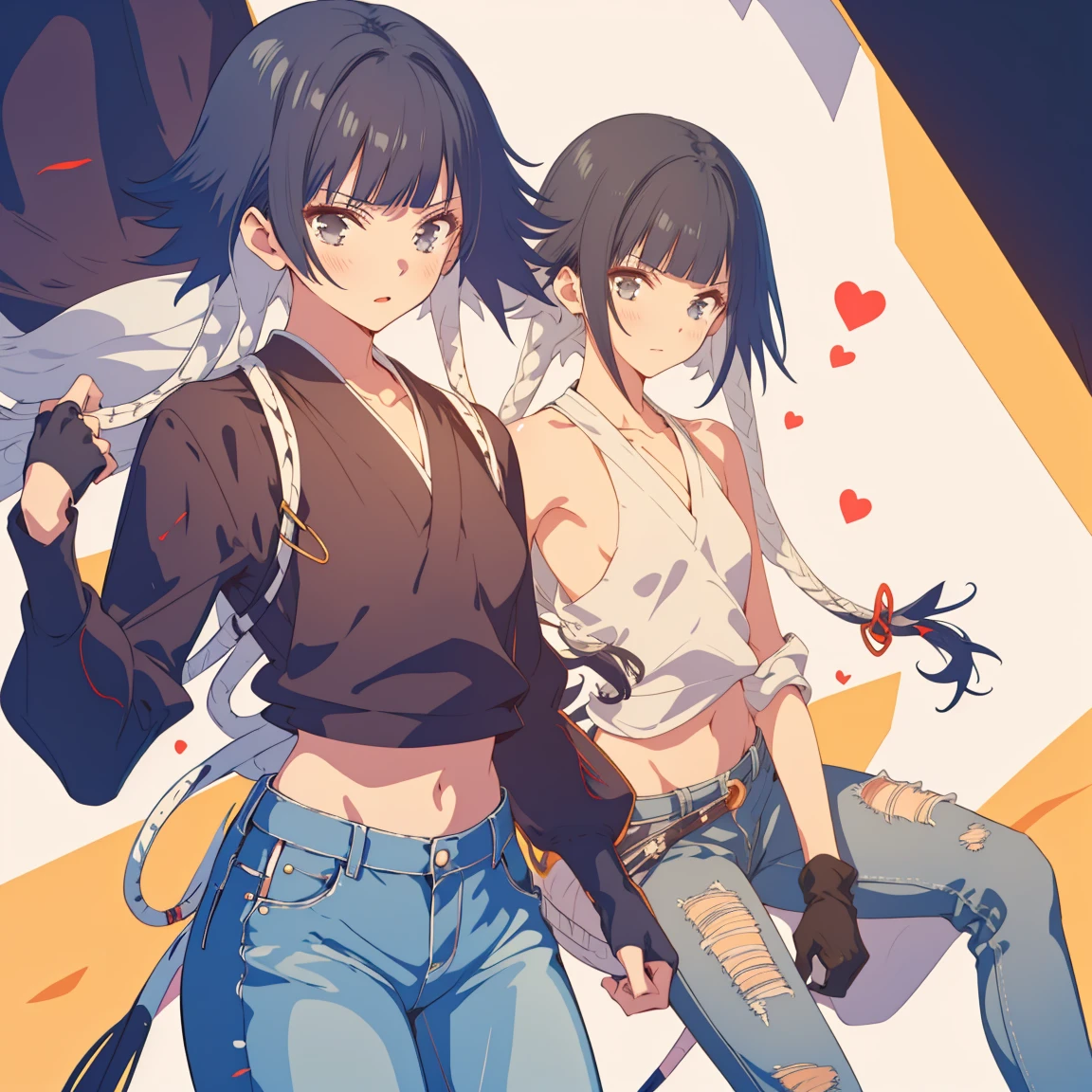 ((Highest quality)), ((masterpiece)), (Familiar),  BLEACH,Soi Fon, 1 girl,  Black Hair,Slanted Eyes, Black clothes,Black Shirt,jeans, thin, short hair, Small breasts, gloves, 