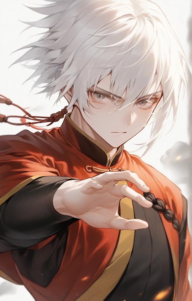 man, human, adventurer, chinese costume, kung fu, elegant, flat chest, white hair, bustshot