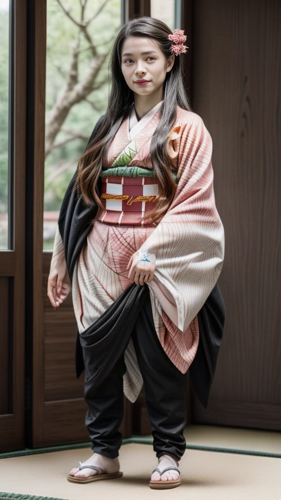 Female, moisturized skin, (pink and bright eyes), (full body: 1.4),
BREAK,
(kicking: 1.3),
BREAK,
(black grass tattoo on body: 1.3),
BREAK,
(cute kimono: 1.2), (black haori: 1.2),
BREAK,
(super long hair), (light gradient hair: 1.3), (red tips: 1.3),
BREAK,
(realistic: 1.3), (super high resolution), (highly detailed: 1.4), (full body: 1.4), (symmetrical: 1.2), (one shot),
BREAK,
(Japanese city: 1.2),
BREAK,
(Demon Slayer: 1.4), (Hirose Suzu: 1.3), (Kamado Nezuko),